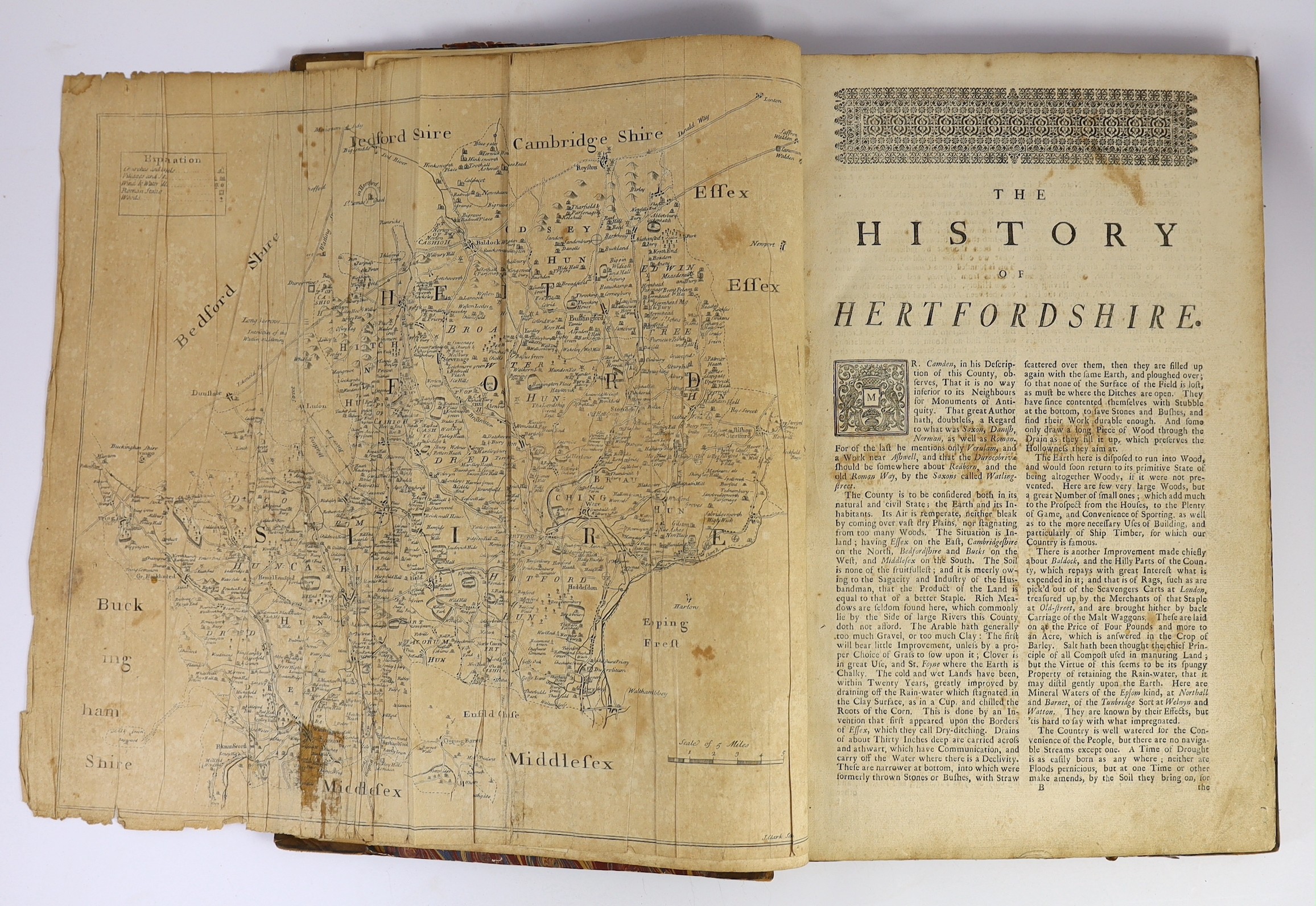 HERTFORDSHIRE - Salmon, Nathaniel - The History of Hertfordshire, folio, 19th century half calf, re-labelled, renewed endpapers, with engraved folded map, (much creased), some leaves wormed, London, 1728, Note: One of 18